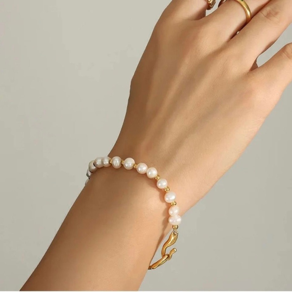 NEW 18K yellow gold plated freshwater pearl bangle bracelet jewelry B27A - Picture 9 of 9